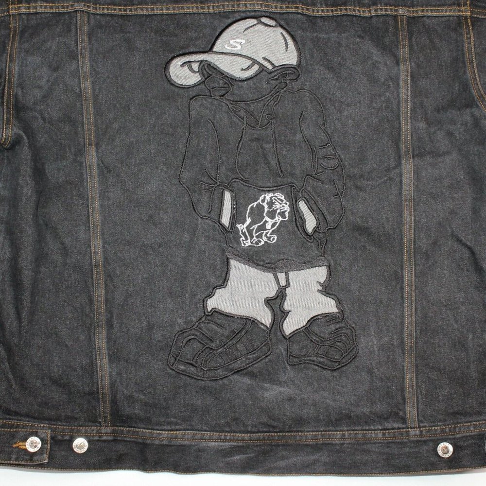HUNCHO USA XL Black Denim Hip Hop Streetwear Prison Yard Embroidered Jean Jacket - Picture 6 of 12
